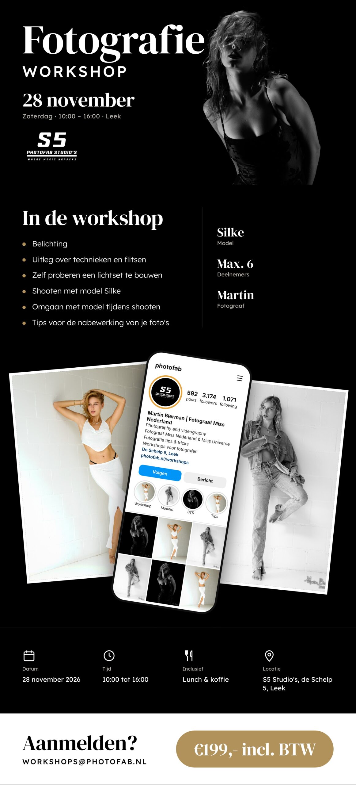 Fotografie workshop op zaterdag 28 november 2026 bij S5 Studio's, de Schelp 5 in Leek, met model Silke. 10:00 tot 16:00, inclusief lunch en koffie, max. 6 deelnemers, €199,- incl. BTW.
